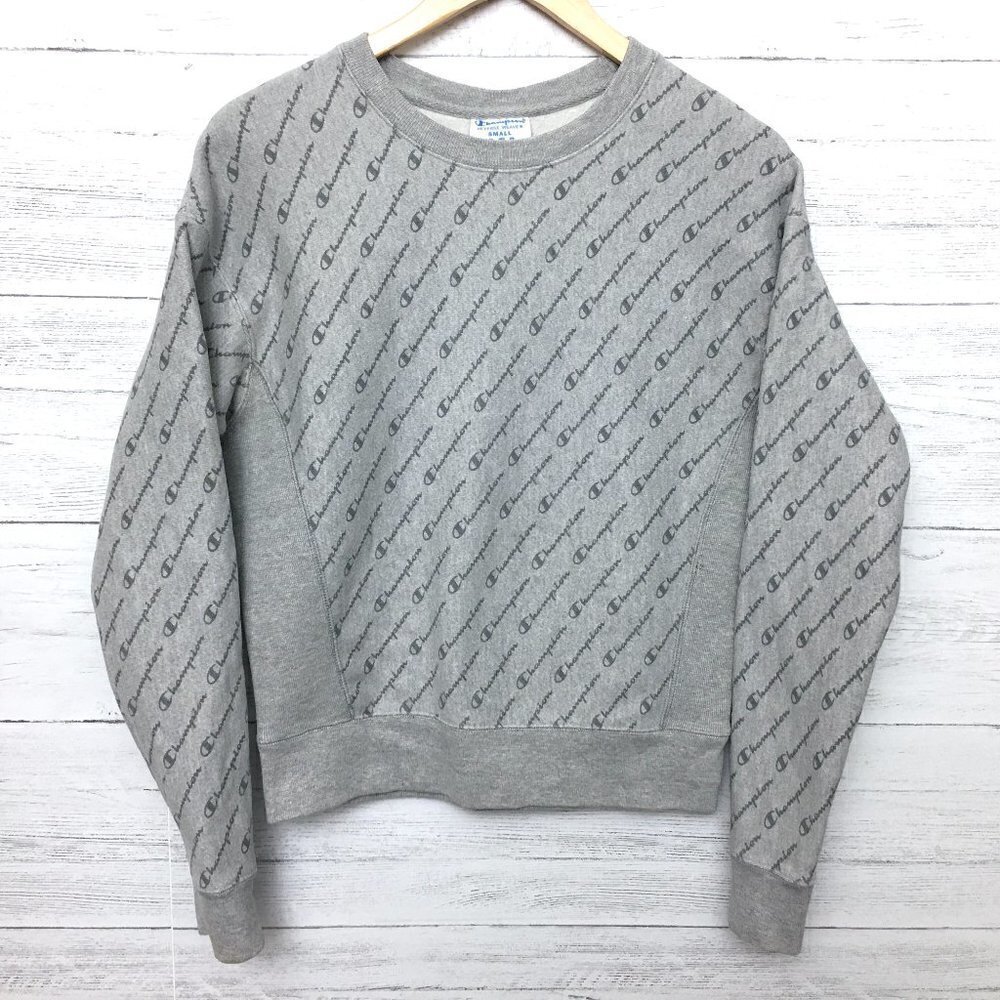 Champion Womens Small Grey Sweatshirt All Over Logo Print Pullover Reverse Weave